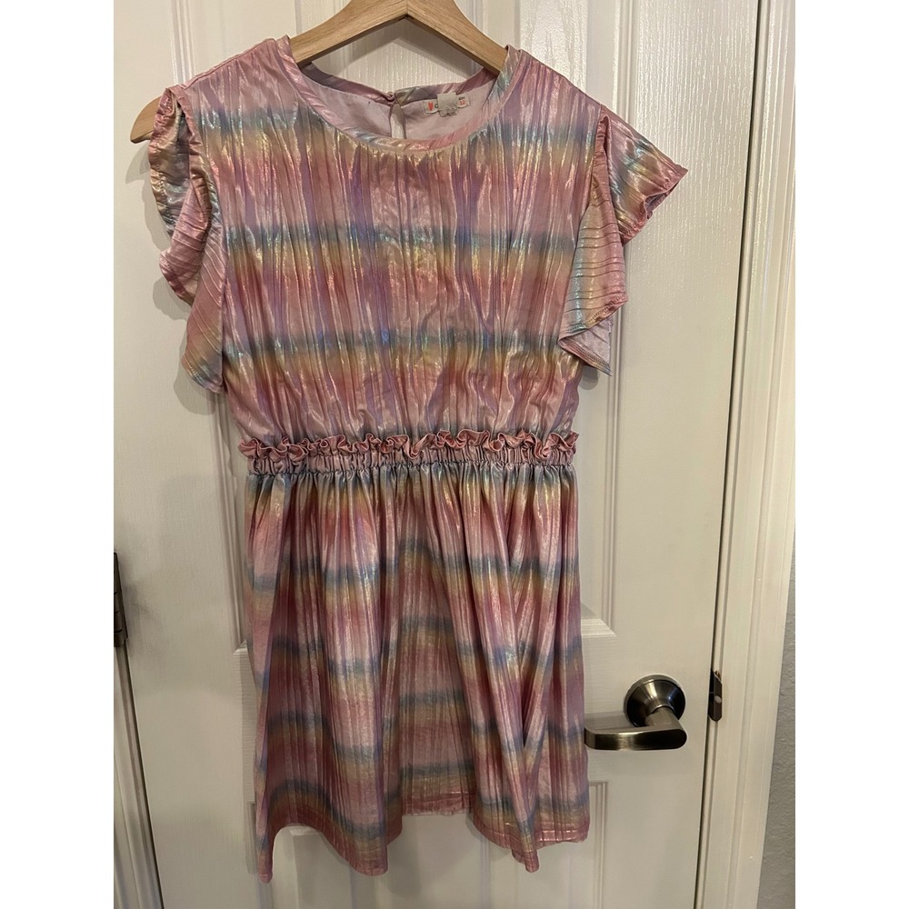 Crewcuts J.Crew Girls Pleated Metallic Rainbow Stripe Dress Pink Pastel k7150